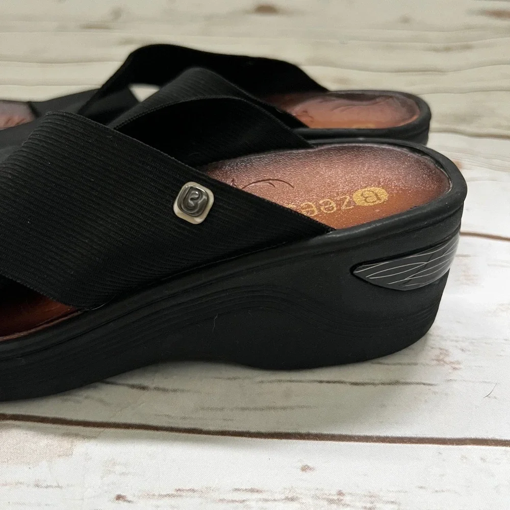 Bzees Desire Slide Sandals Black Stretch Cross Strap Wedge 7.5M